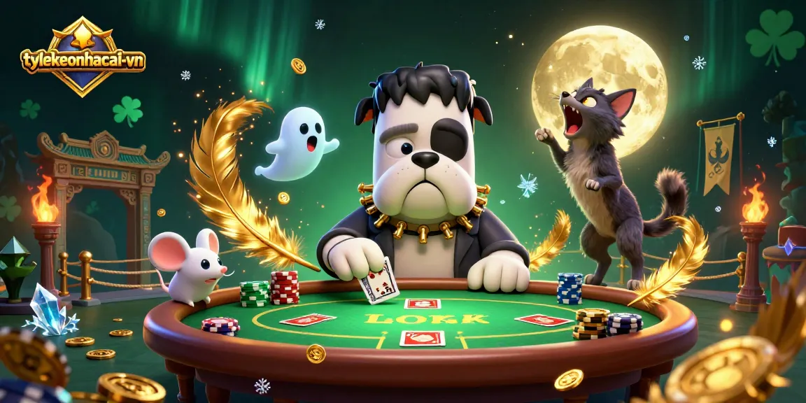 Engage with tylekeonhacai-vn's lively poker scene featuring a Frankenstein bulldog dealer at a spooky table.