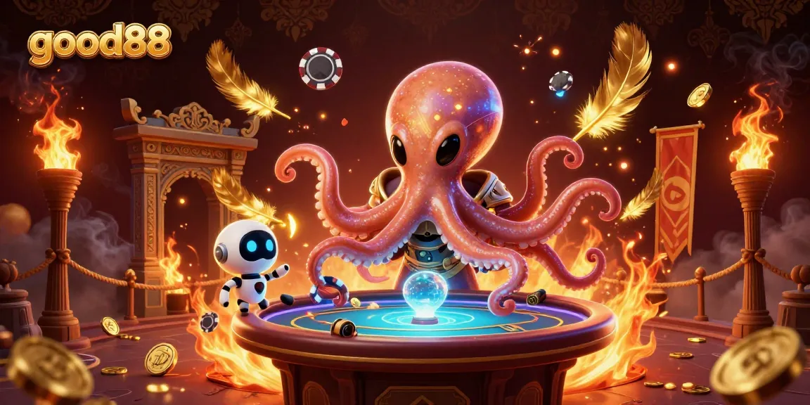 Experience thrilling gameplay with good88 as a vibrant alien octopus engages at a floating poker table amidst dazzling cosmic elements.
