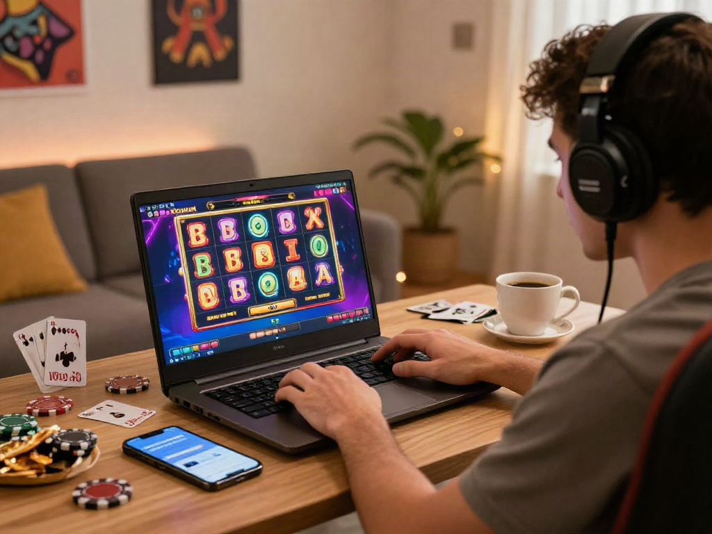 A player engaging in slot deposit qris with vibrant online gaming visuals on a laptop in a cozy home setup.