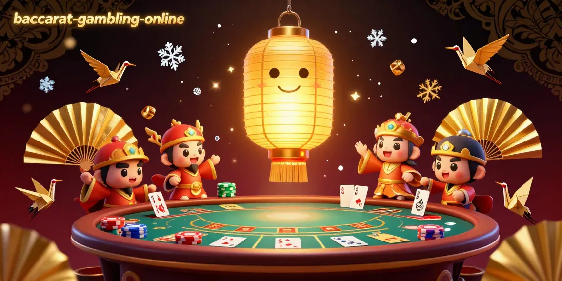 Baccarat-gambling-online showcases a vibrant 3D illustration of a glowing lantern spirit above a baccarat table, with lucky symbols and dynamic game elements.