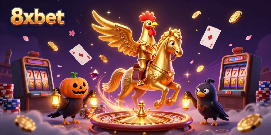 Experience the vibrant gaming environment of 8xbet with golden rooster and mystical elements.