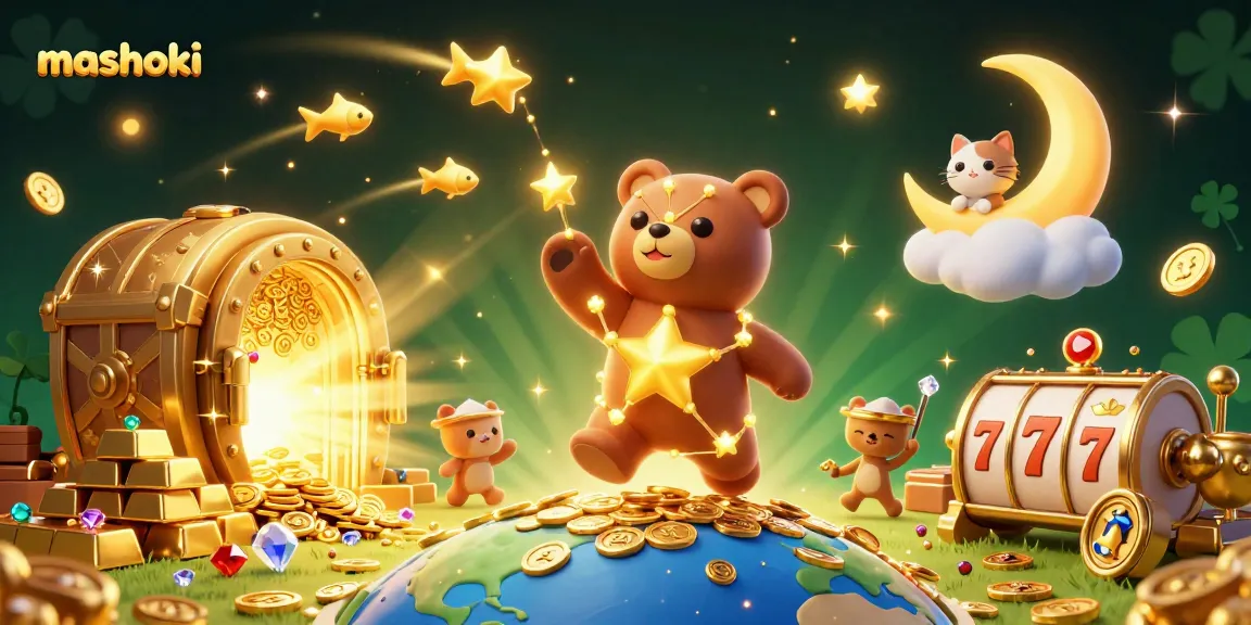 Mashoki-inspired illustration capturing a constellation bear, coins, and slot reels for a vibrant casino experience.