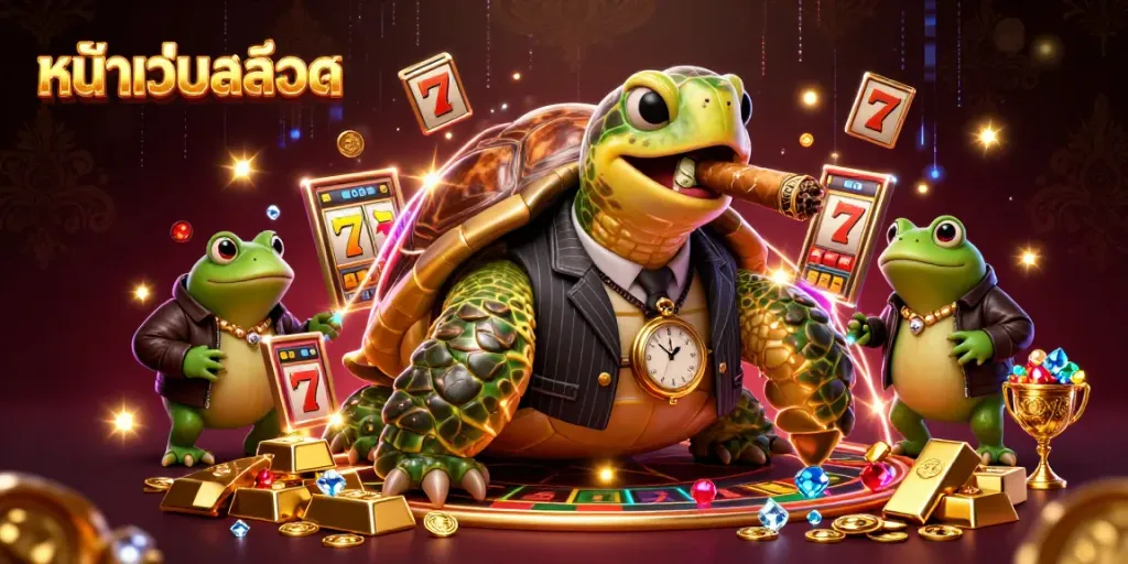 Experience a vibrant scene of หน้าเว็บสล็อต with a snapping turtle and bullfrog enforcers amidst flashy casino elements.