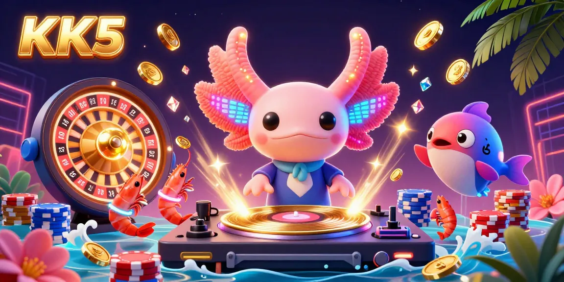 KK5 showcases a vibrant underwater casino scene with an axolotl DJ and dynamic gaming elements.