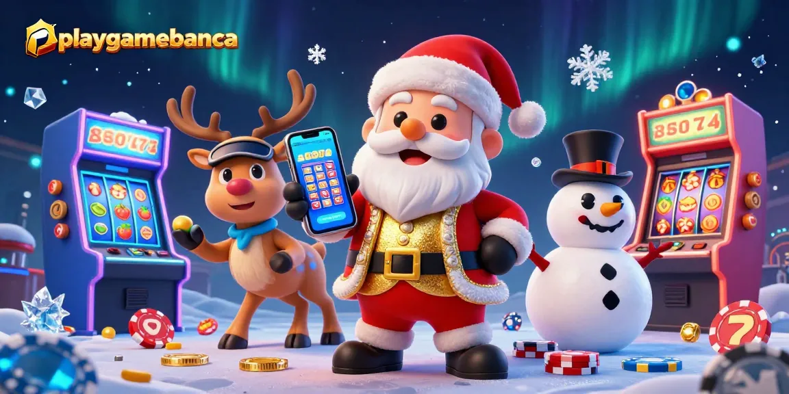Santa celebrating jackpots at playgamebanca, surrounded by vibrant gaming elements and festive characters.