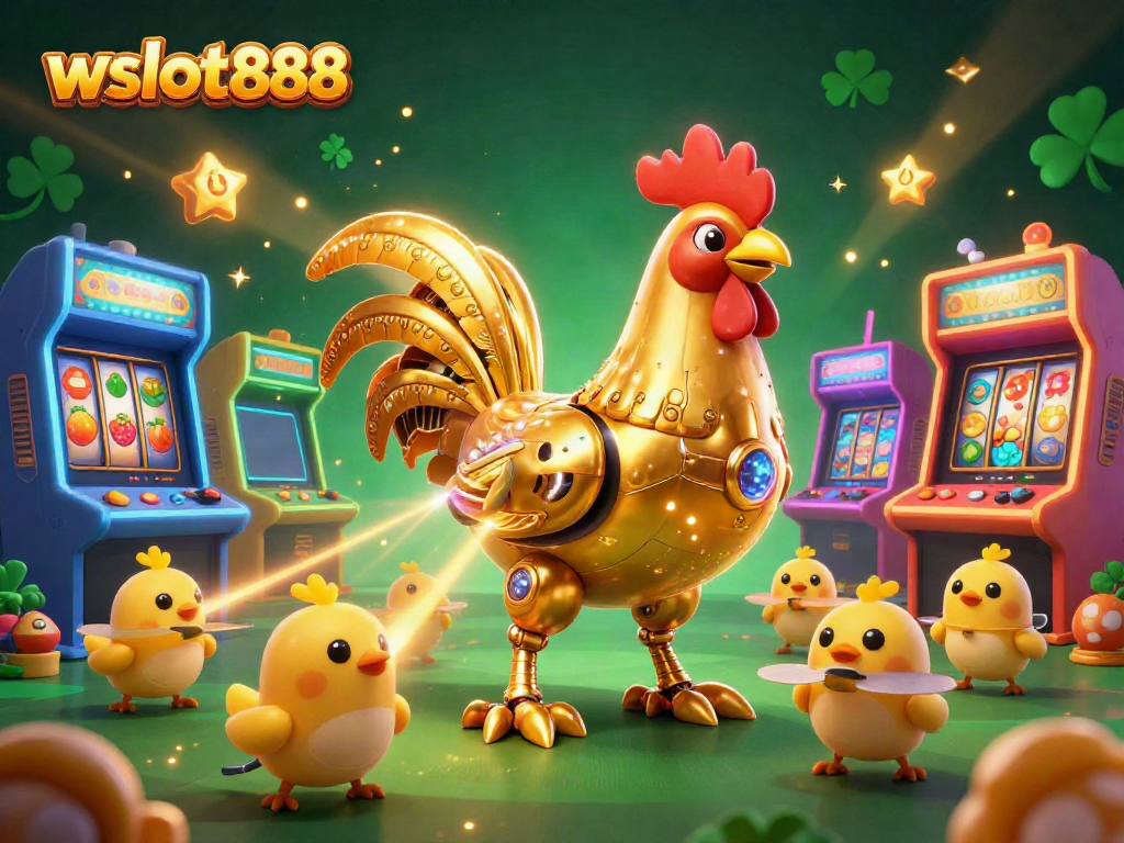 Wslot888 menampilkan ilustrasi 3D robot ayam emas modern dalam suasana kasino yang meriah.