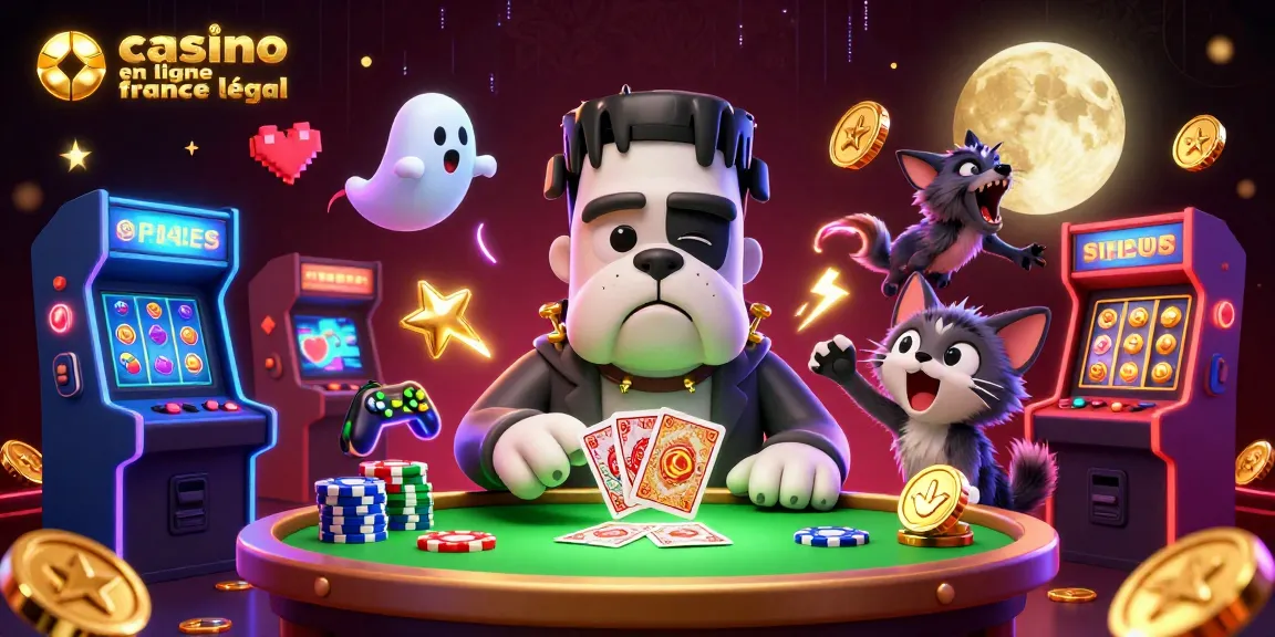 Le jeu de casino en ligne France légal avec un bulldog Frankenstein et un chat-loup en action.