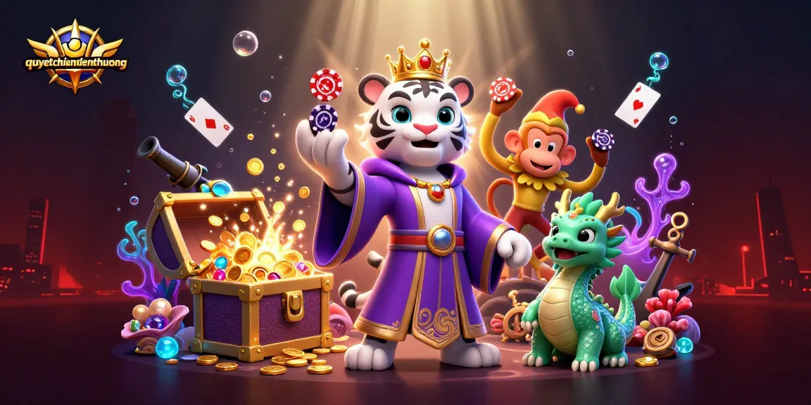 Playful scenes of quyetchientienthuong featuring gaming elements packed with vibrant colors and 3D characters.