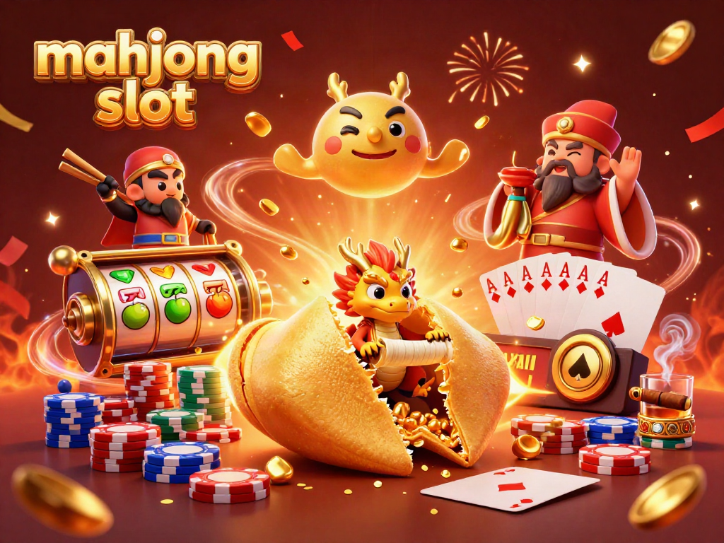 Experience excitement with the mahjong slot featuring a golden fortune cookie and vibrant gaming elements.