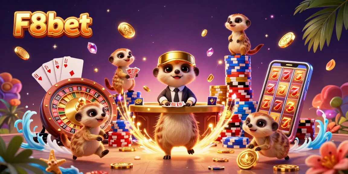 Experience the excitement at F8bet casino with lively meerkats managing games amidst flying coins and vibrant energy.