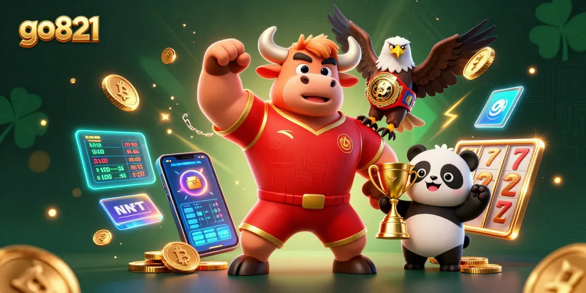 Engage with go821 through a festive scene of a bull mascot celebrating with crypto coins and game icons in a vibrant casino.