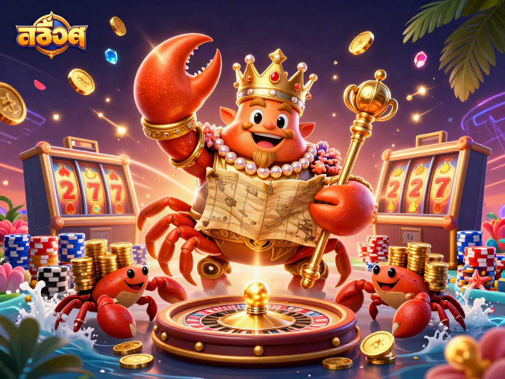Experience the excitement with สล็อต featuring a golden crab emperor amidst vibrant casino elements.