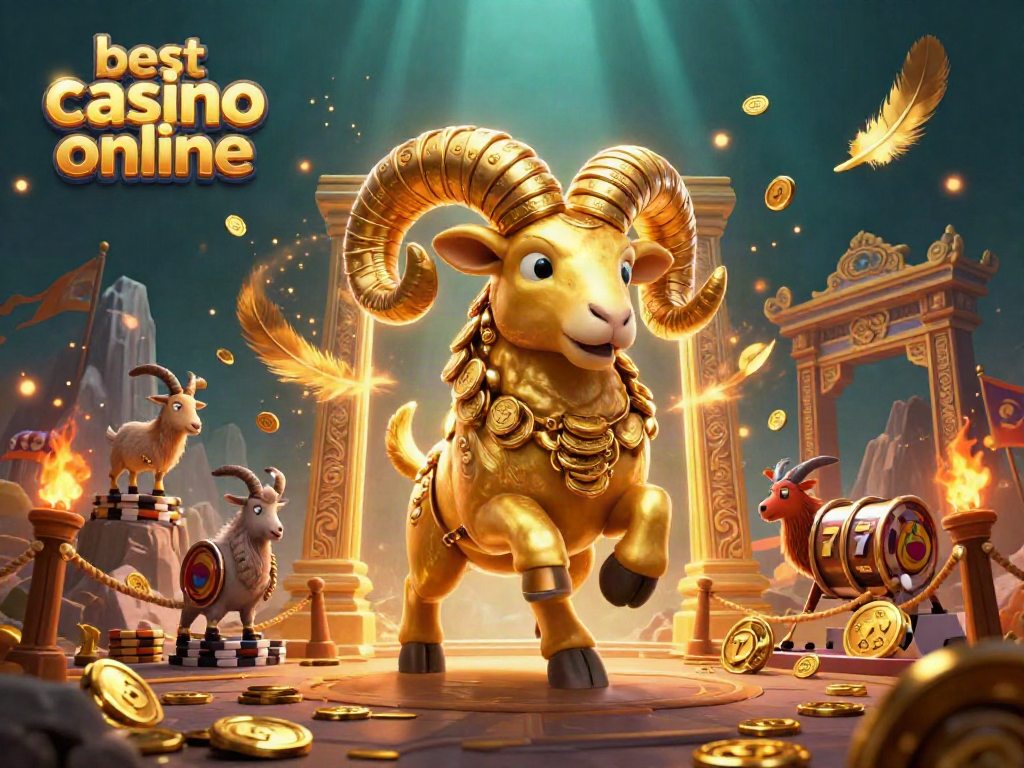 Experience the thrill at the best casino online with a fun 3D scene featuring a golden ram charging through a vibrant slot arena.
