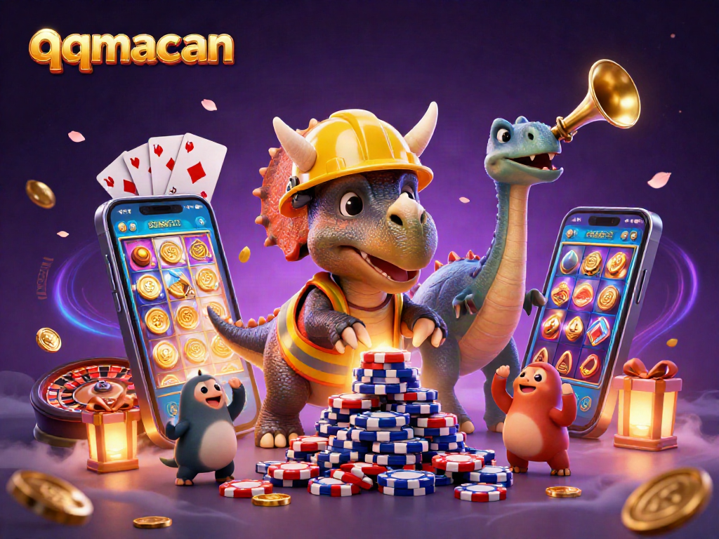 Engage with qqmacan's thrilling gaming atmosphere as cartoon dinosaurs celebrate in a vibrant casino scene.