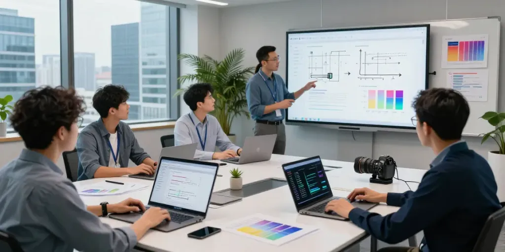 AI inference collaboration scene with diverse team discussing data analysis.