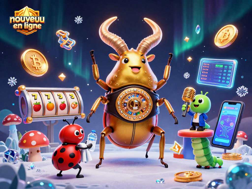 Illustration captivante d'un nouveau casino en ligne avec un scarabée d'or en boxe entouré de symboles de jeux.