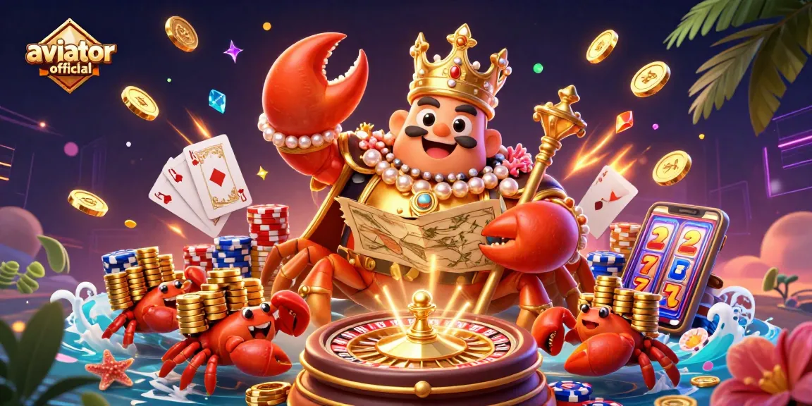 Aviator official showcases a vibrant scene with a golden crab emperor and gambling elements like poker chips and cascading coins.