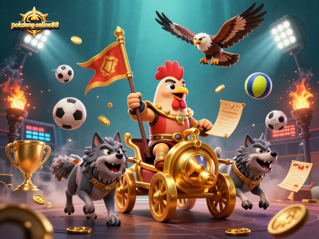 Experience thrilling gameplay at pokdeng-online88 with our iconic rooster warlord in a vibrant casino scene.