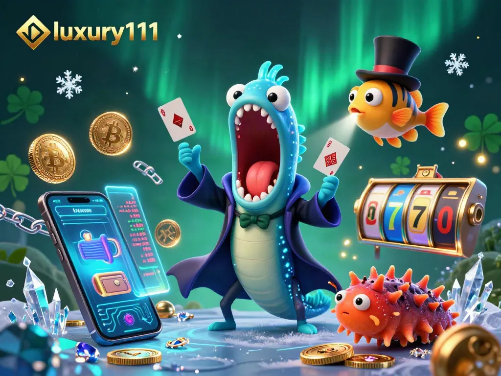 Experience luxury111 casino magic with a 3D eel magician performing card tricks among dazzling slot elements.
