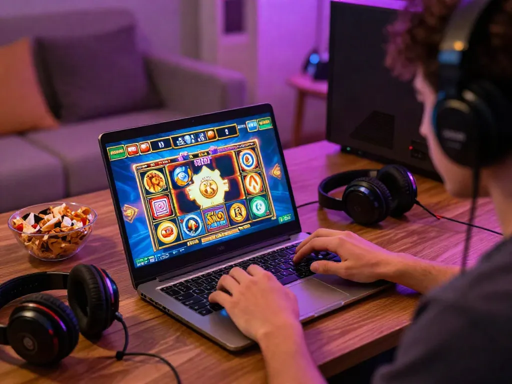 A player enjoying a slot game at home, surrounded by colorful graphics and gaming accessories.
