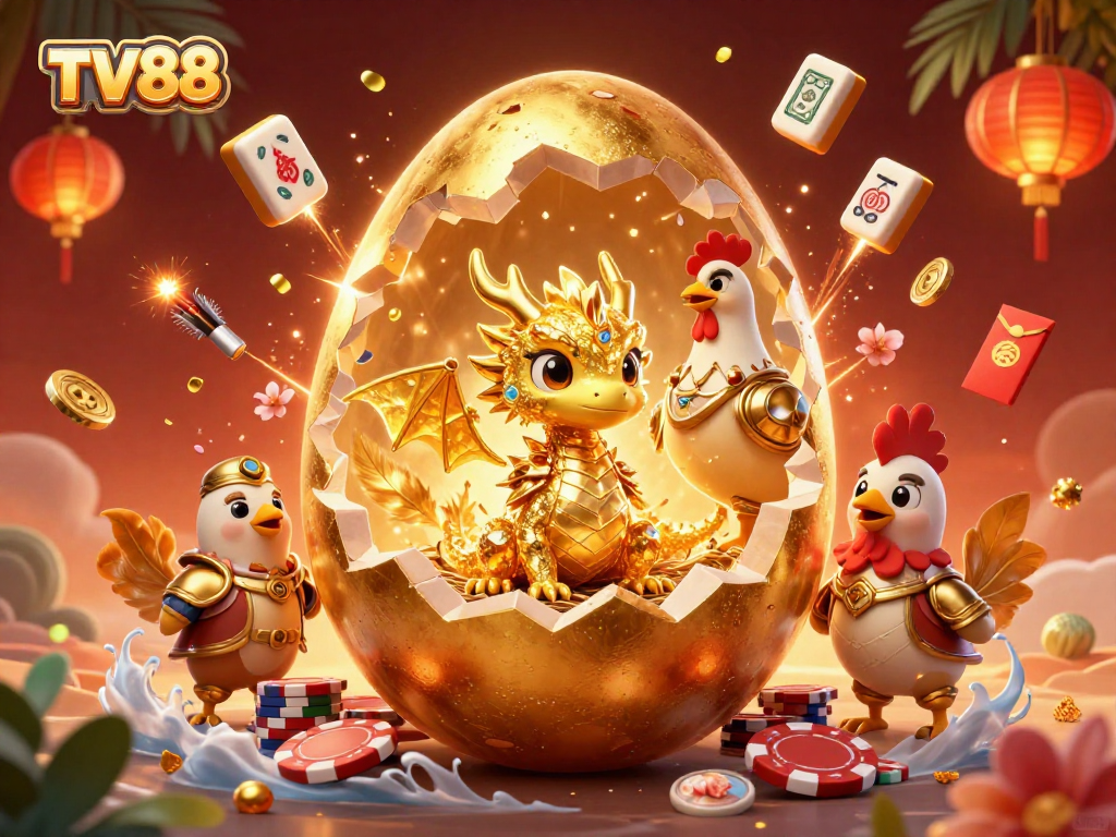 Experience excitement at TV88 with a golden dragon and poker chips in a vibrant casino scene.