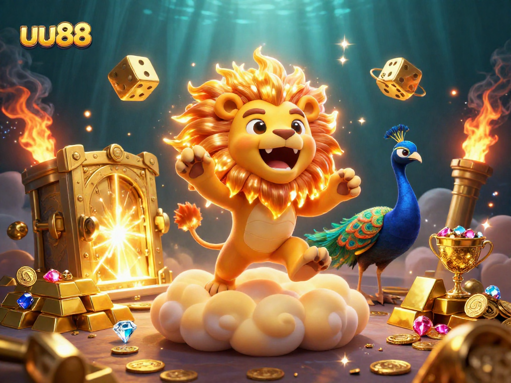 Experience the thrill of uu88 gaming with a vibrant 3D casino scene featuring a roaring sun lion and golden dice.
