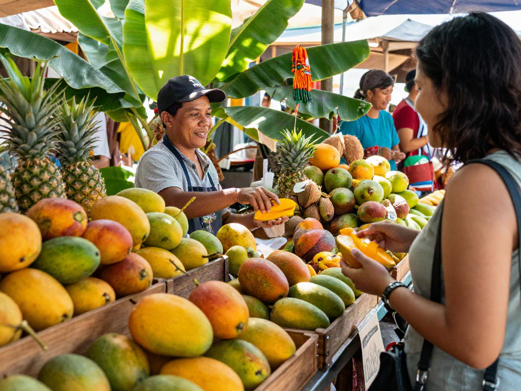 Camino mangoes attractively arranged in a vibrant fruit market setting, showcasing freshness and community.