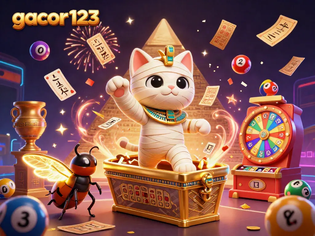 Engage with gacor123 at a vibrant pyramid casino, featuring dynamic casino elements and exciting characters.