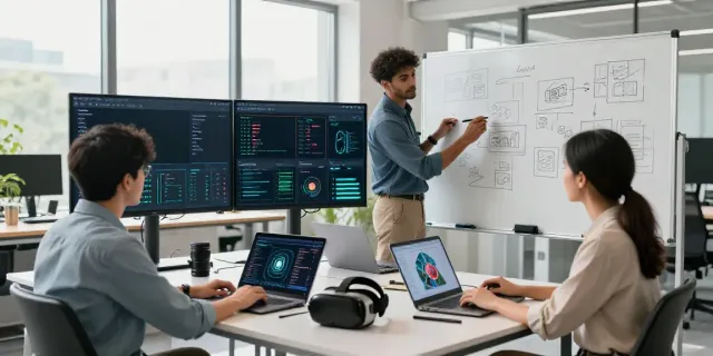 Team collaborating on multimodal AI content generation in a modern office.