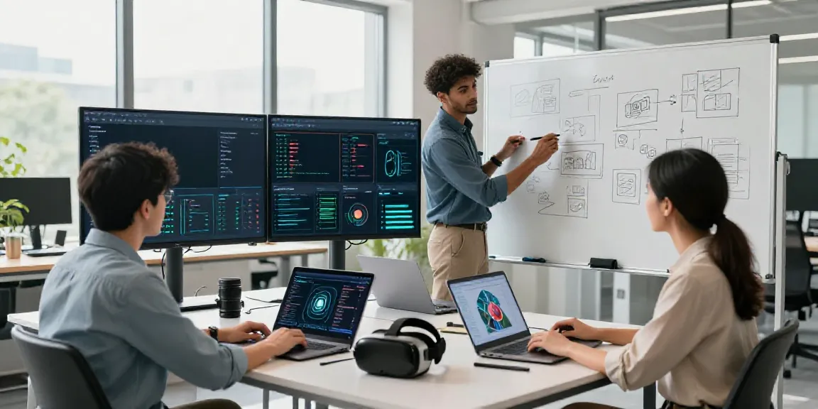 Team collaborating on multimodal AI content generation in a modern office.