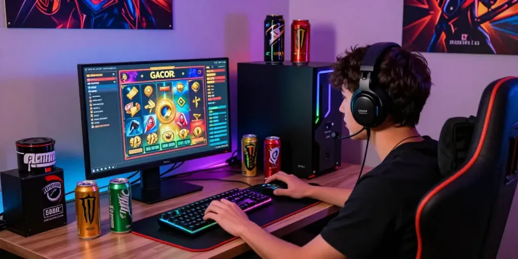Engaged gamer playing slot gacor online in a stylish home office with vibrant gaming setup.