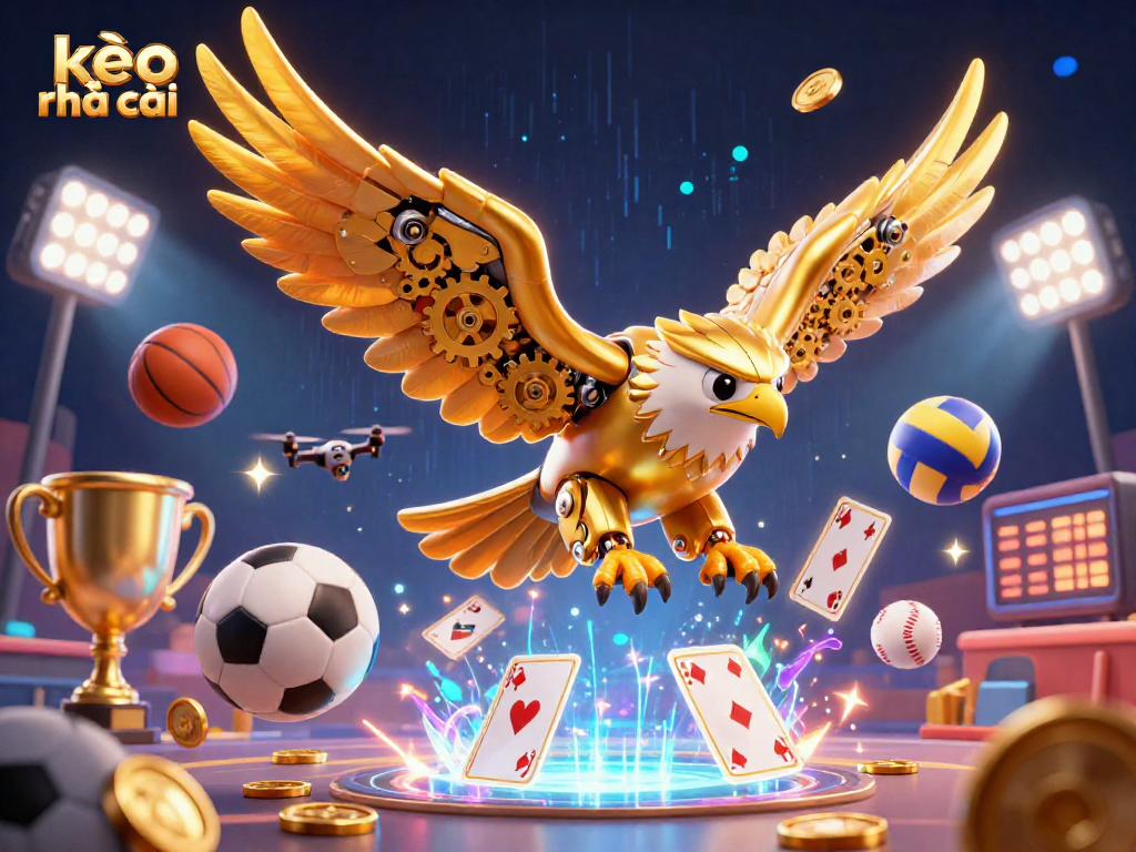 Engage with kèo nhà cái through a dynamic 3D illustration of a golden eagle soaring amidst vibrant sports elements and holographic cards.
