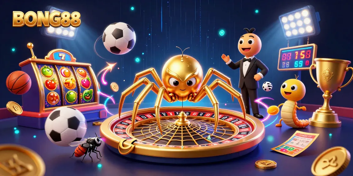 BONG88 features a golden spider spinning a roulette web while a fly makes bets, showcasing vibrant casino elements.