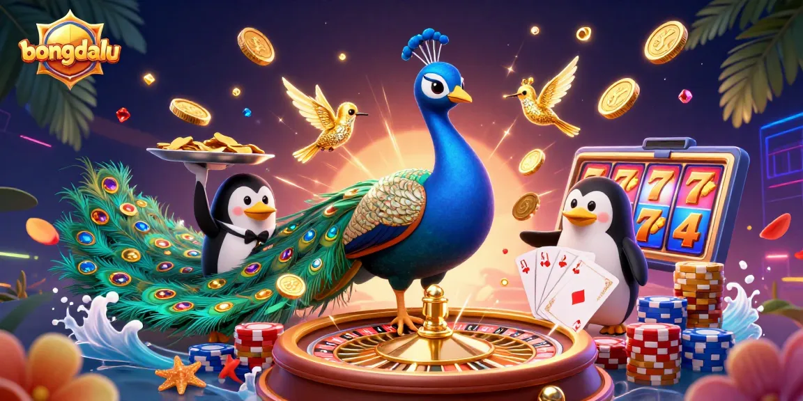 Bongdalu showcases a festive 3D casino scene with vibrant characters and rich elements like golden chips and cards.