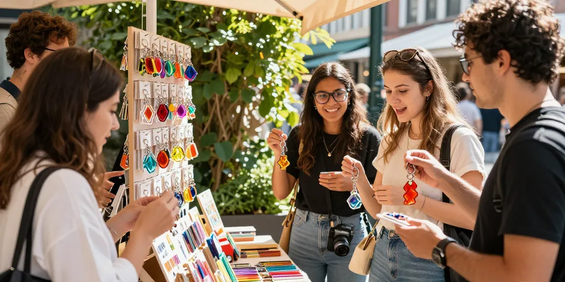 Shop colourful acrylic diamond keychains, showcasing vibrant designs and creative styles in a bustling market scene.