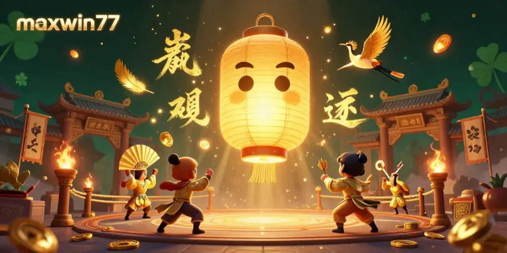 Experience the excitement of maxwin77 with a vibrant casino scene featuring a golden lantern spirit, warriors, and rich game elements.
