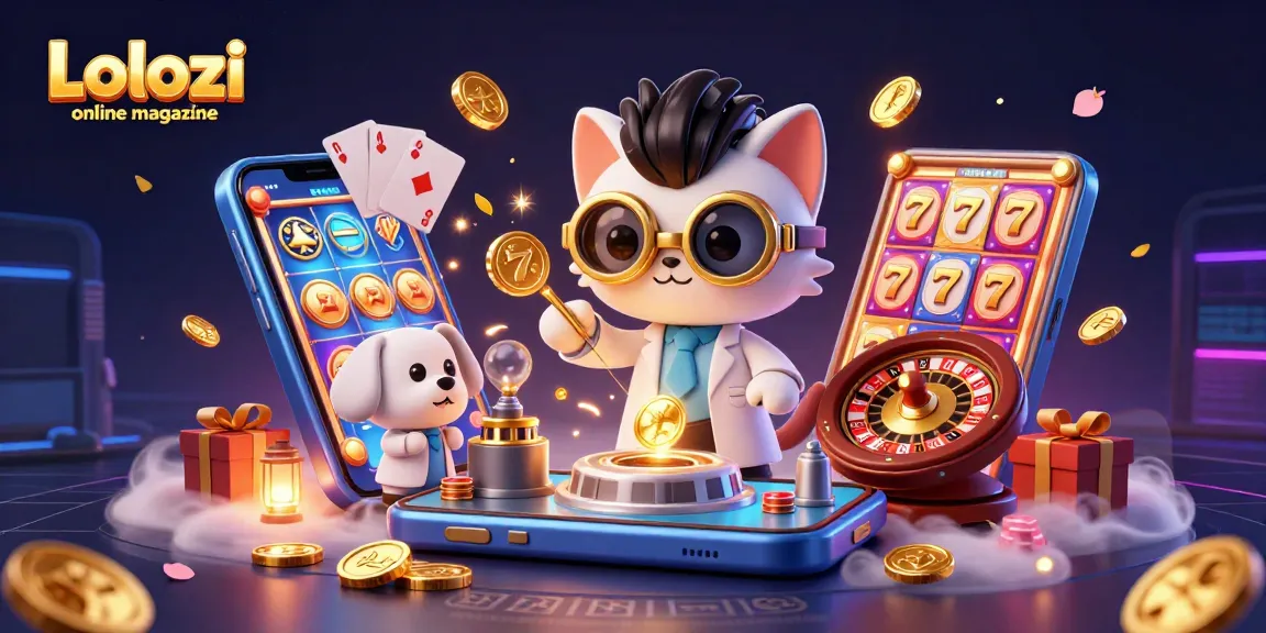 Lolozi online magazine showcases a vibrant 3D scene featuring a mad scientist cat and assistant amidst gold coins and spinning slot reels.