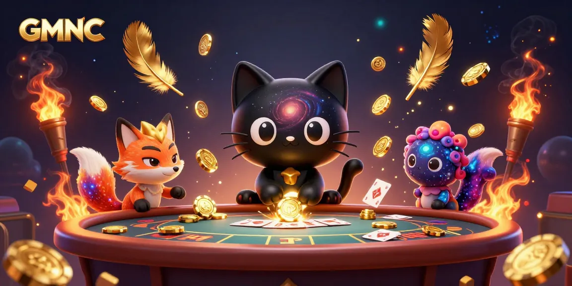 GMNC cosmic casino scene featuring a black hole cat and nebula fox with vibrant elements.