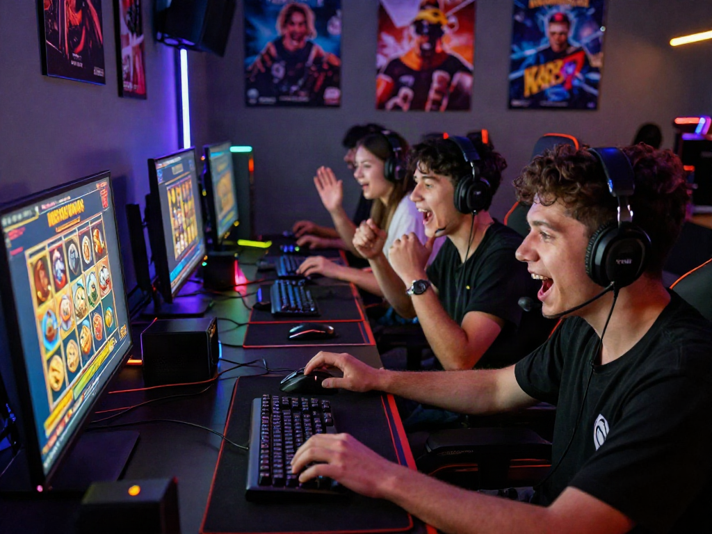 Friends enjoying an exhilarating slot gacor game in a vibrant online gaming setup.