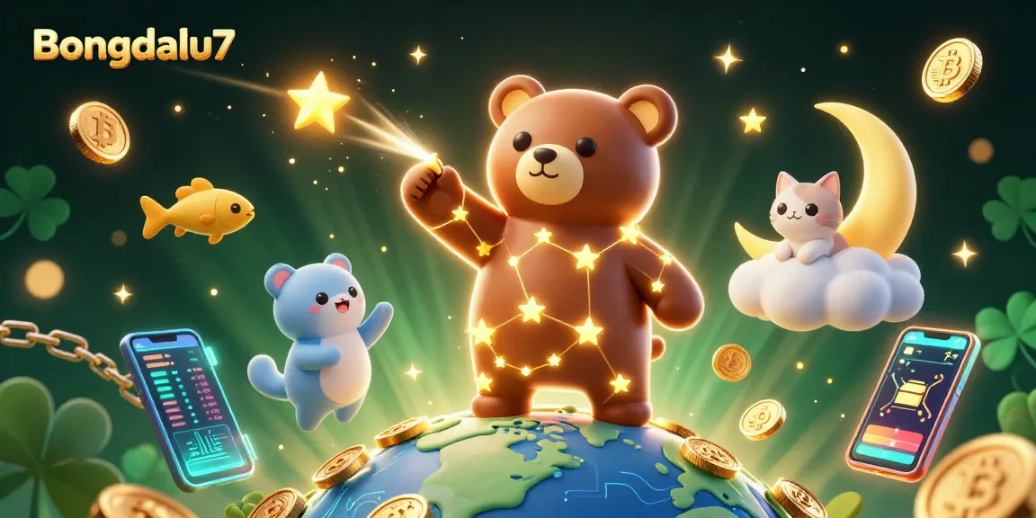 Bongdalu7 reveals a constellation bear in a vibrant casino atmosphere scooping coins amid crypto elements.