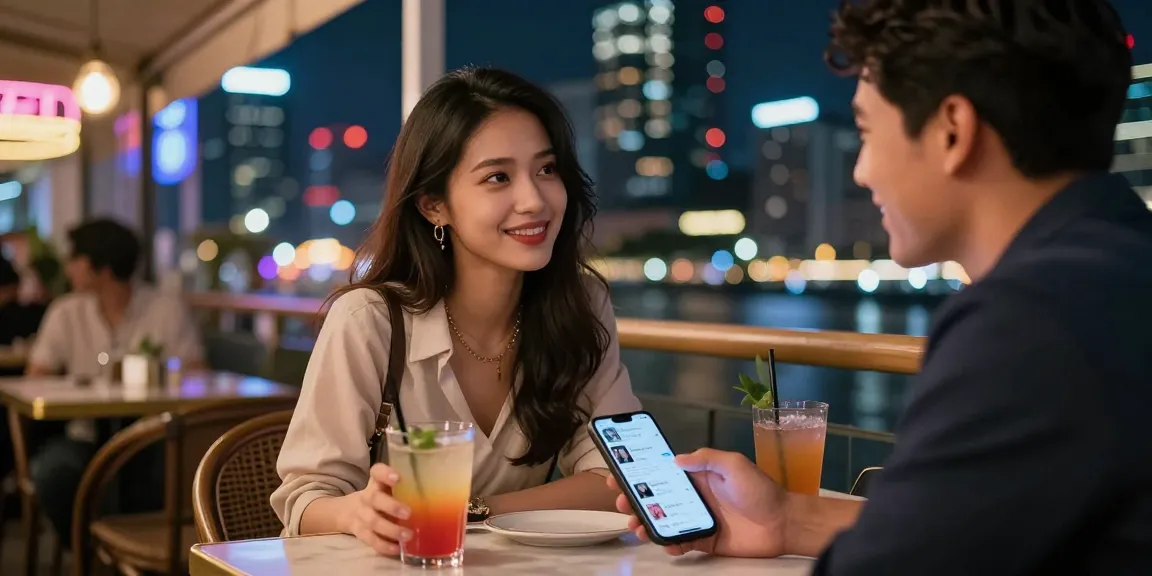Hình ảnh gái gọi đang trò chuyện tại quán cà phê sôi động giữa lòng thành phố, tạo không khí thân thiện, trẻ trung.