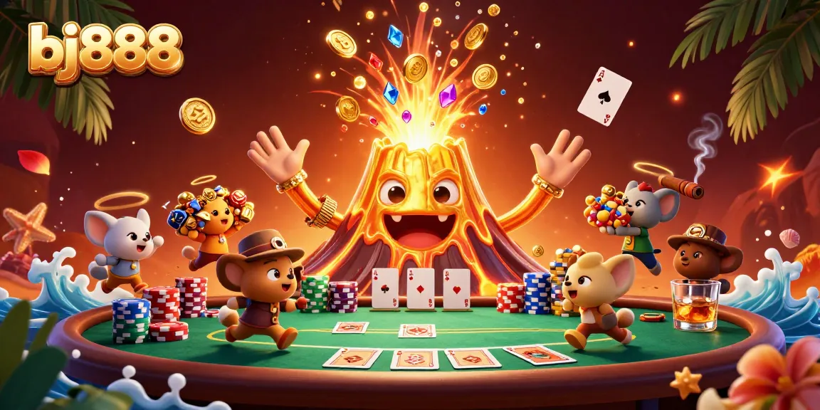 Engage with bj888's vibrant casino scene featuring a golden volcano erupting treasure alongside classic poker elements.