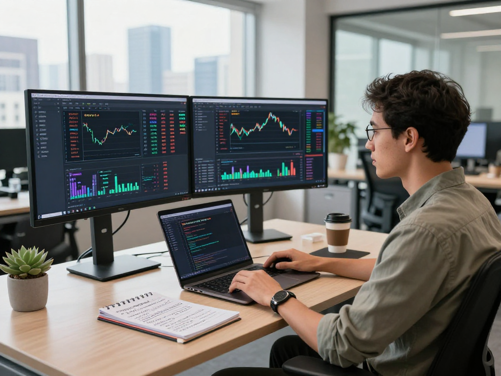 Focused developer coding a grain algorithmic trading API in a modern office with real-time exchange rates displayed.