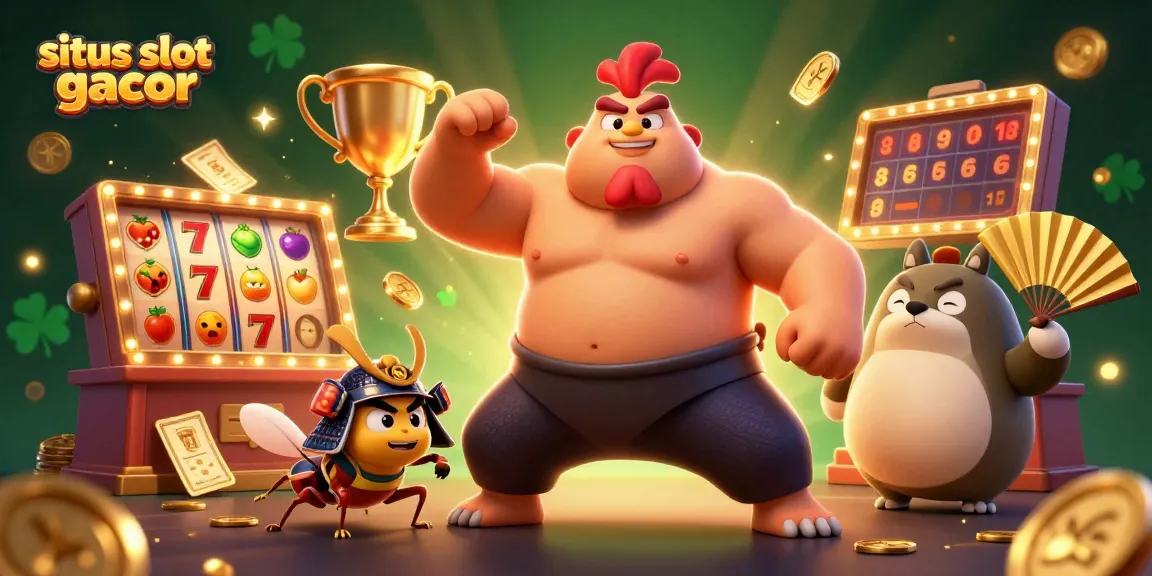 Mengambil bagian dalam slot gacor, ilustrasi 3D karnaval menampilkan karakter unik seperti ayam sumo dan kepiting samurai.