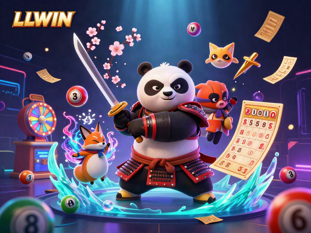 Experience thrilling gameplay at LLWIN featuring a dynamic 3D scene with samurai panda and ninja fox.