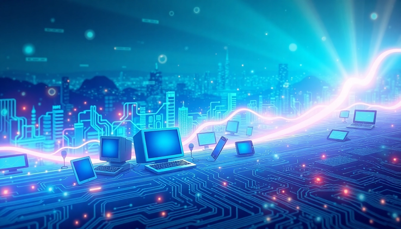 Charting the key milestones in internet history with vibrant visuals and technological elements.