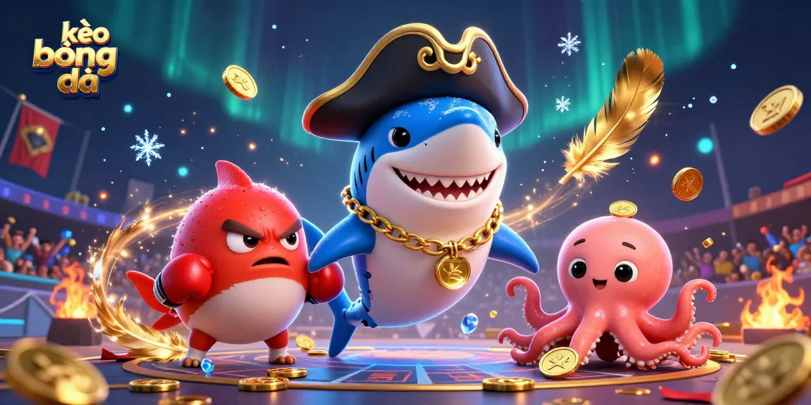 Bet on kèo bóng đá with a cartoon shark and friends in a dynamic sports arena scene.