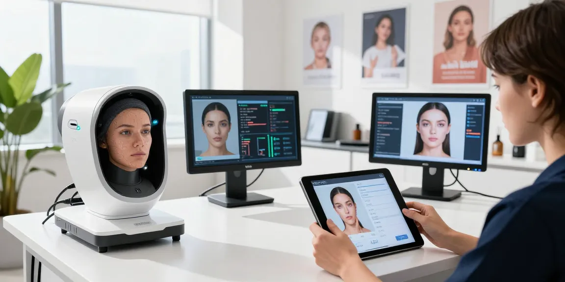 ClinicEvo is a better alternative to QOVES, showcasing a modern facial analysis in a tech-savvy beauty studio.