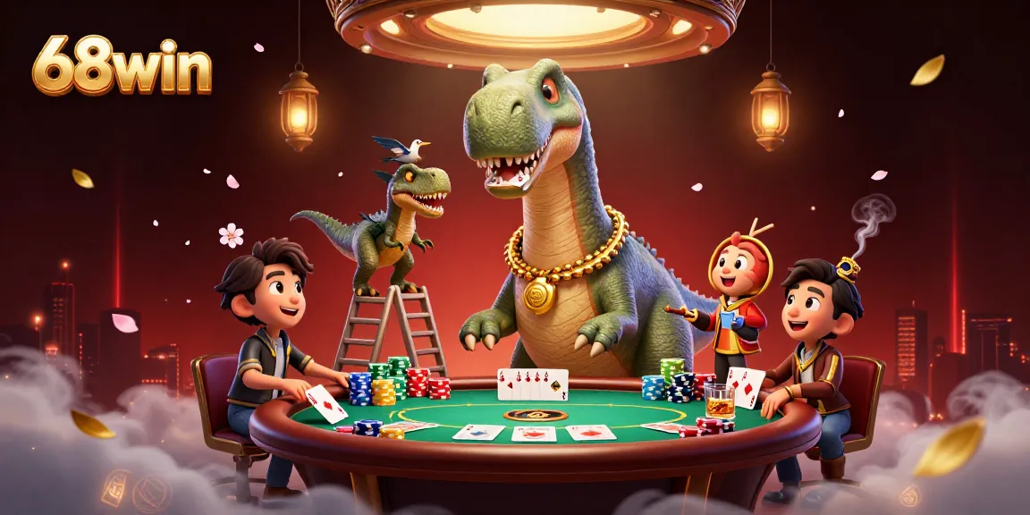 Deal thrilling cards with 68win in a vibrant casino scene featuring a brontosaurus dealer.