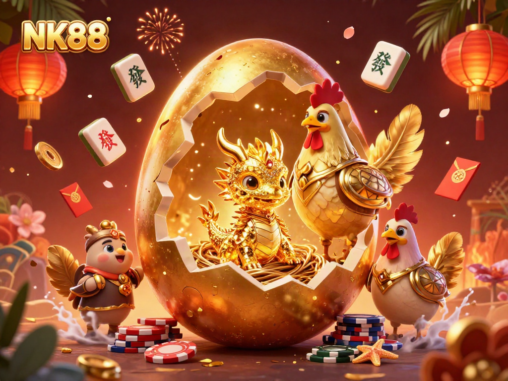 Experience thrilling gameplay with NK88 as a baby dragon shines amid poker chips.
